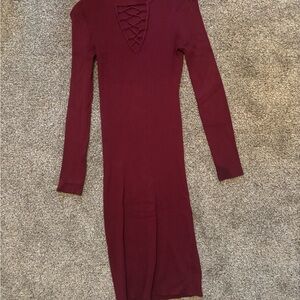 Almost Famous Ribbed Lace-Up Long Sleeve Bodycon Dress - Burgundy